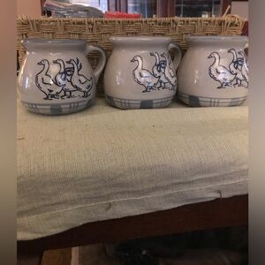 Three mugs, the “Geese” collection by Louisville Stoneware.